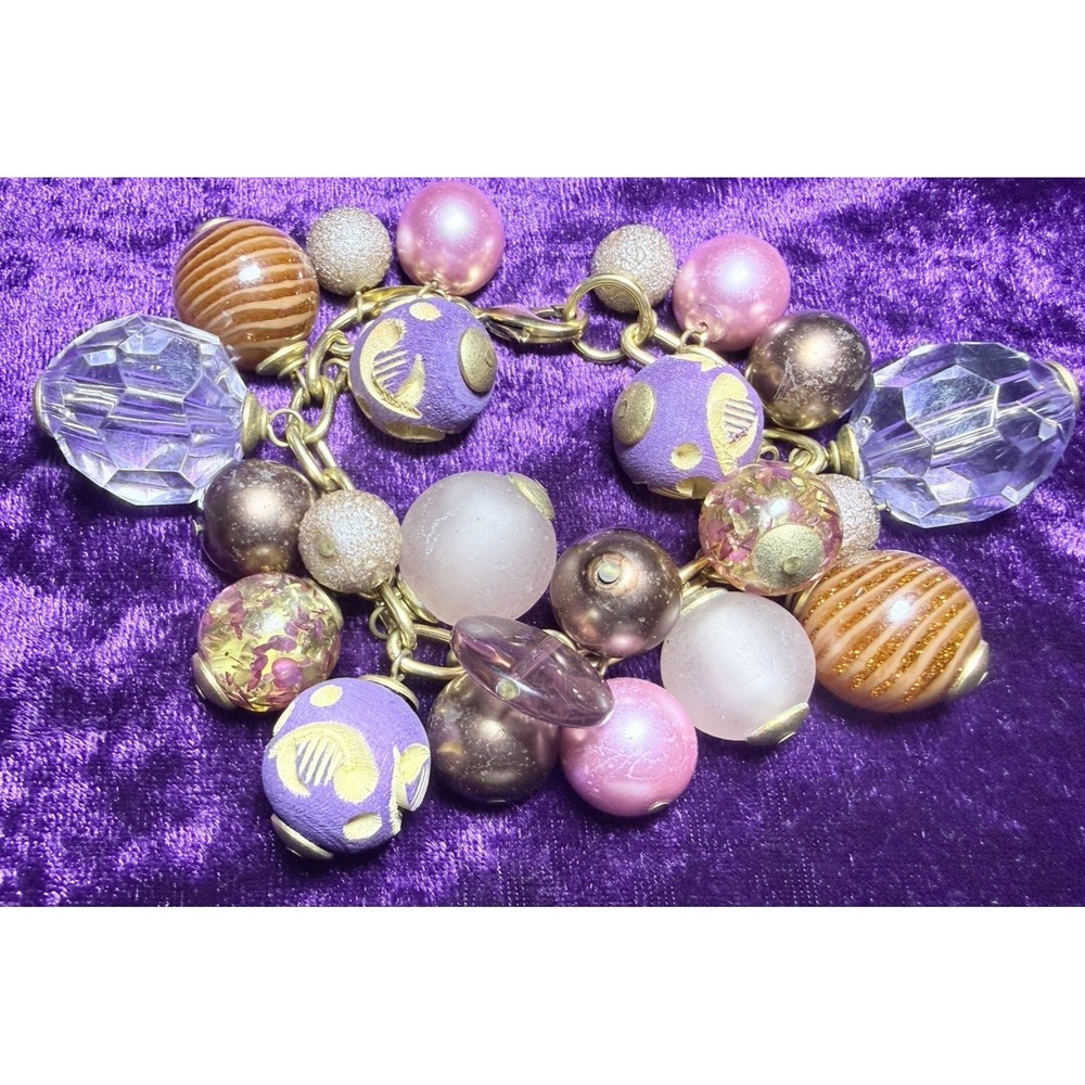 Lenora Dame Charm Bracelet Chunky Beaded Purple Signed Pink Glass Lucite Wood